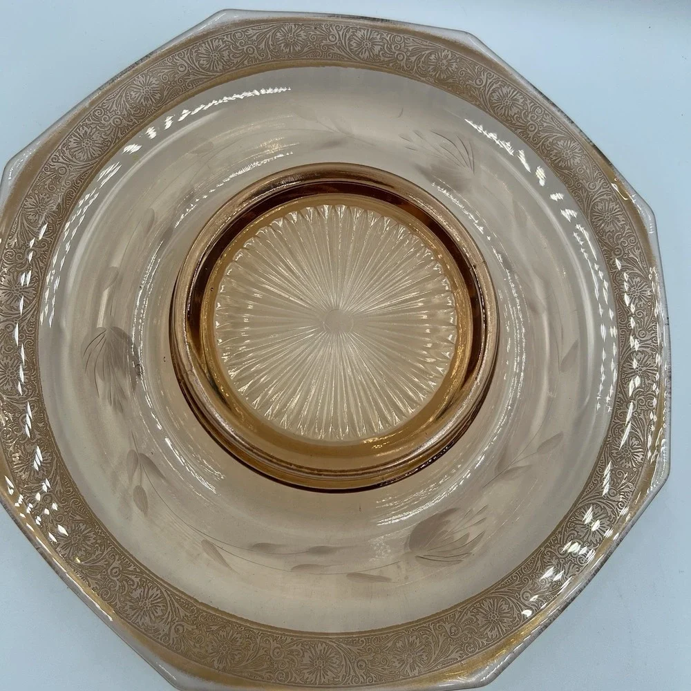 VTG Pink Depression Glass Chip & Dip Set‎ / Console Bowl Etched Scroll Rim